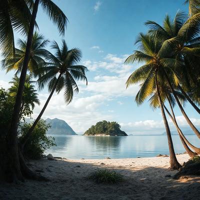 The image features a beautiful beach scene with a clear blue sky and palm trees. The primary subject is a sandy beach with a few rocks scattered around. The setting includes a large body of water, possibly an ocean, and a mountain in the background. The visual style is a photo, capturing the natural beauty of the beach and its surroundings. The colors and mood are vibrant and serene, with the blue sky and palm trees creating a relaxing atmosphere.